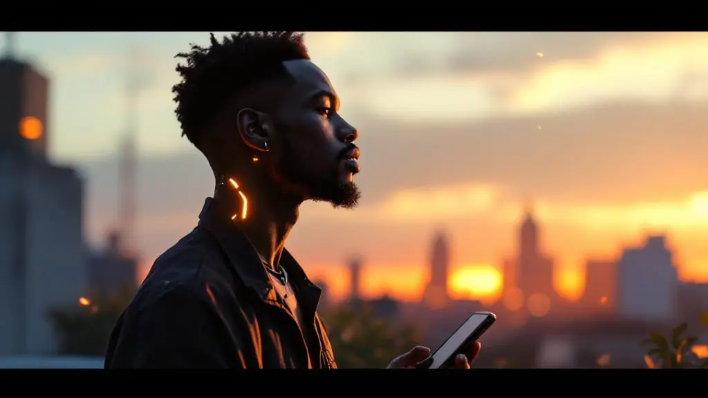Black man with subtle cybernetic implant standing on a rooftop at sunrise, holding a phone at his side as digital notifications fade away.