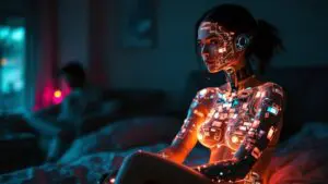 A cybernetic person sitting in a bedroom looking at a glowing holographic partner while their real partner sits blurred in the background.