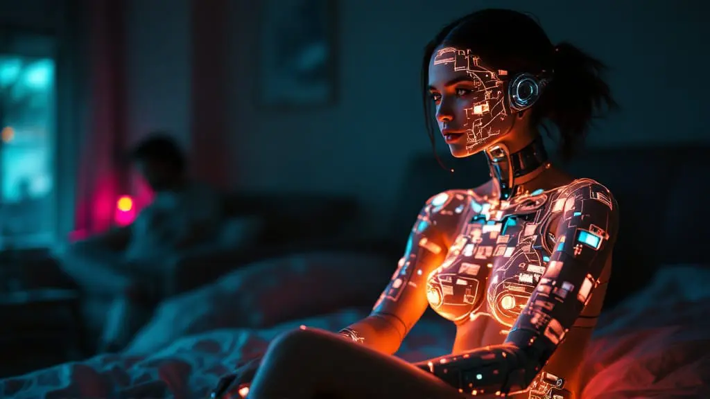 A cybernetic person sitting in a bedroom looking at a glowing holographic partner while their real partner sits blurred in the background.