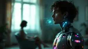 A cybernetic person standing in a room looking at their distant partner while faint holographic memories appear between them.