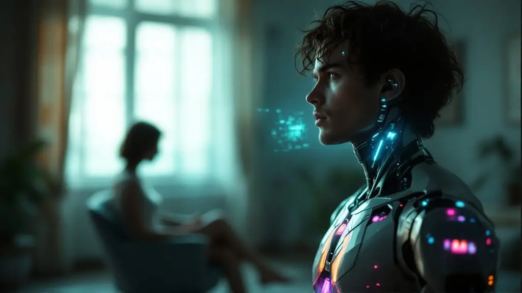 A cybernetic person standing in a room looking at their distant partner while faint holographic memories appear between them.