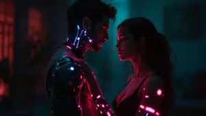 Person with glowing cybernetic arm standing near partner in dim apartment, showing emotional distance and tension in relationship.
