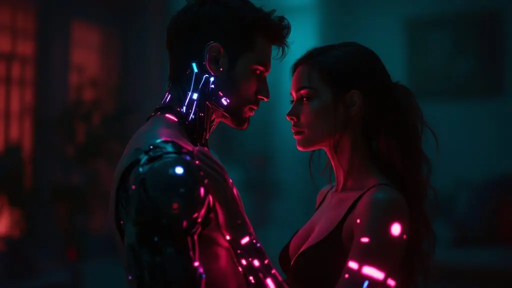 Person with glowing cybernetic arm standing near partner in dim apartment, showing emotional distance and tension in relationship.
