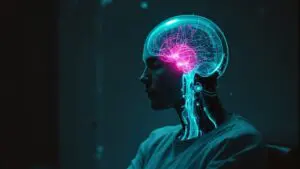 Person with transparent cybernetic brain showing neural activity while reflecting alone in dim room.