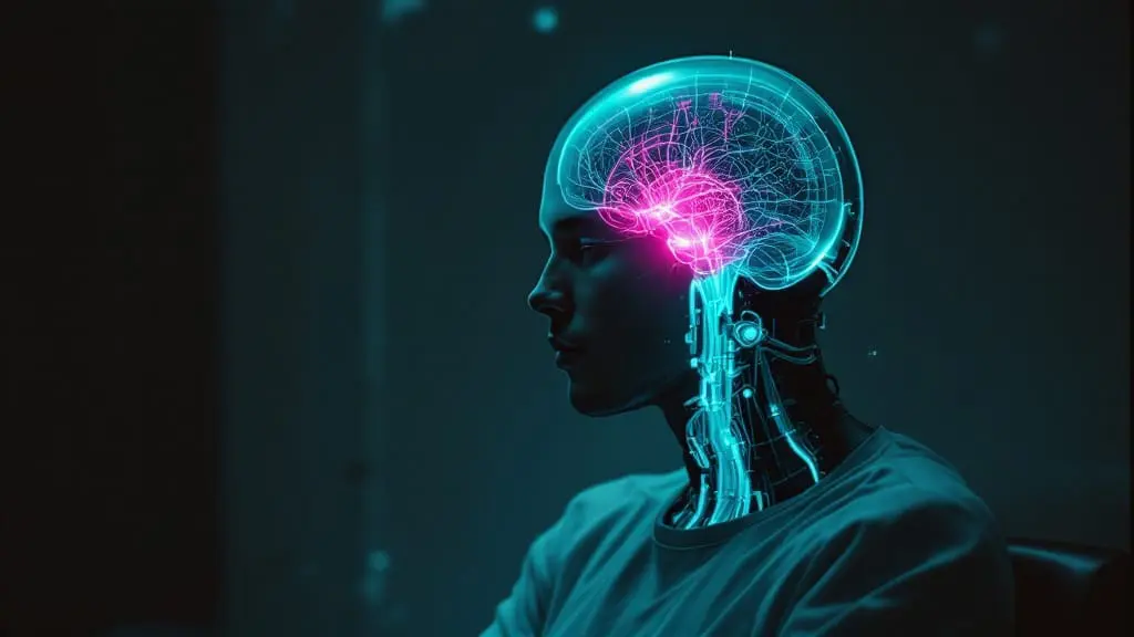 Person with transparent cybernetic brain showing neural activity while reflecting alone in dim room.