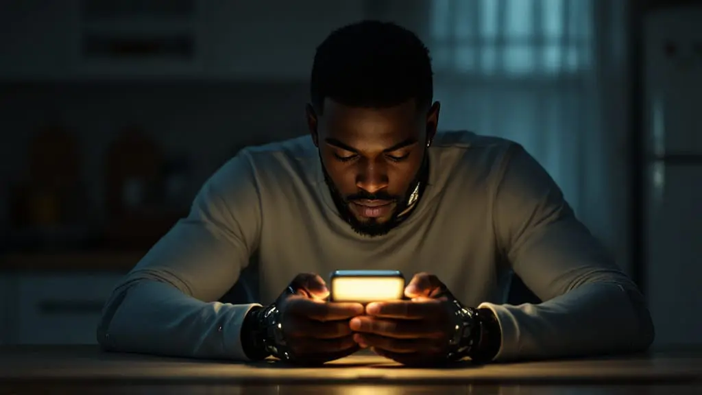 Black male cyborg sitting alone at dawn, staring at glowing phone in a dark quiet room.