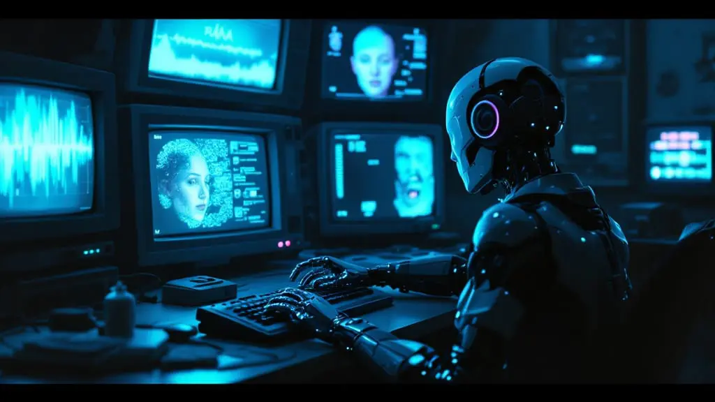 A cyborg studies emotion-like patterns across glowing CRT monitors in a dark room.