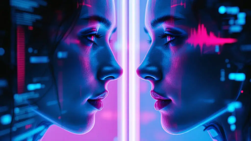 A cyborg faces a fogged mirror where emotion-like overlays appear across the reflection.