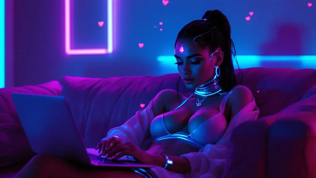Latina cyborg sitting curled up on couch beside laptop, surrounded by faint floating message icons.