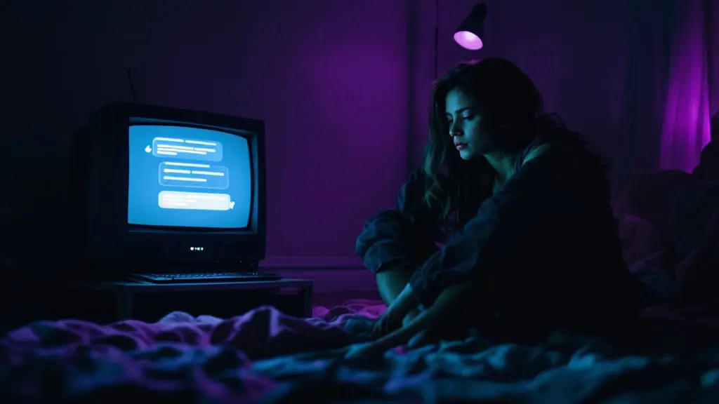 A cyborg sits at a desk as a glowing CRT screen offers a calm, emotionally aligned response.