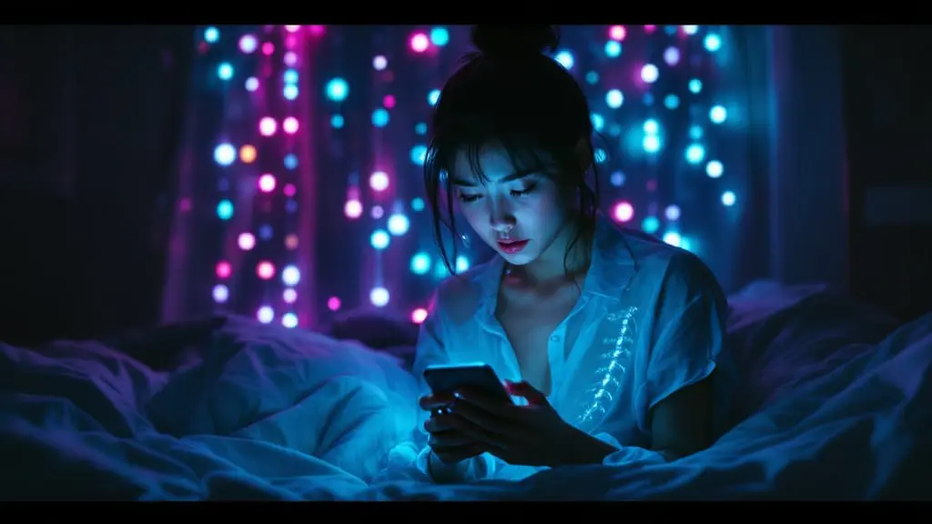 Nonbinary cyborg standing in dark room, frozen while glowing phone and notification lights pulse around them.