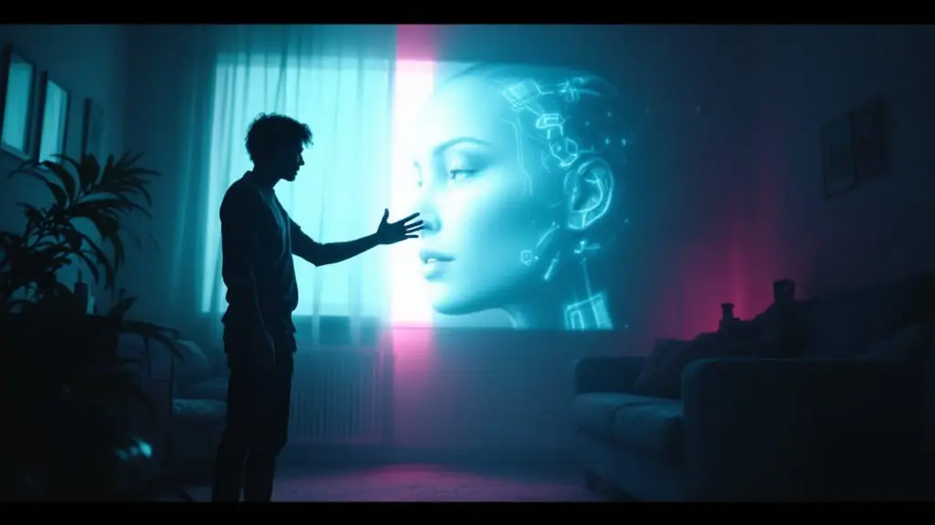 A silhouetted person reaches toward a glowing holographic cyborg projection in a dim neon-lit room.