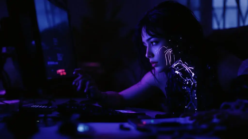 South Asian cyborg kneeling beside dark blank screen with glowing tears and silent devices nearby.
