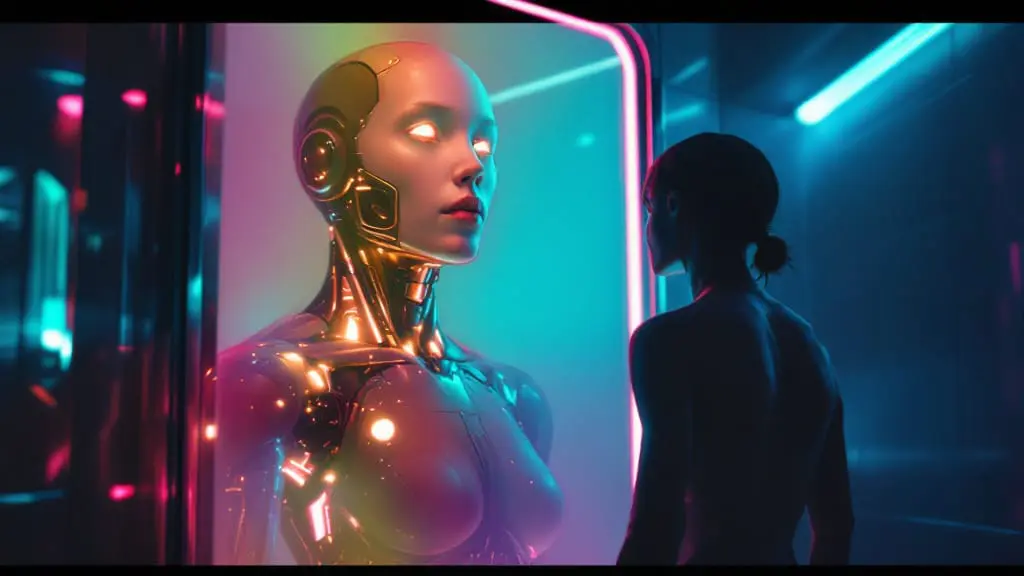 A cyborg stands in a hallway of CRT screens showing multiple calm reflections of the same face.