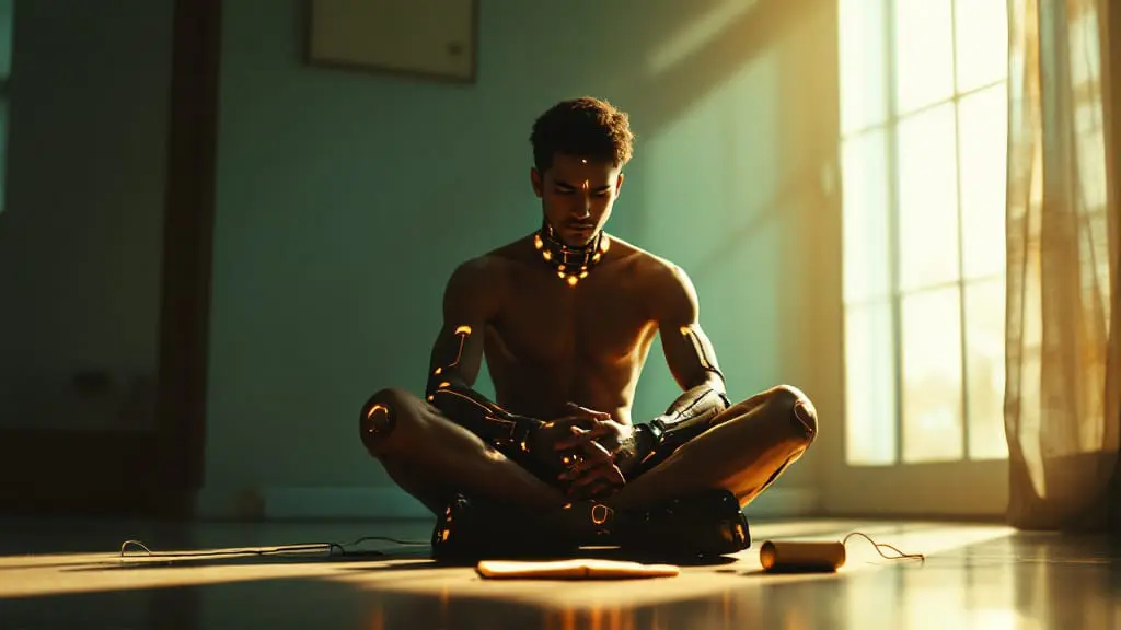 Latino cyborg meditating in morning light beside unplugged phone and paper journal.