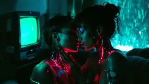 Two cyborg lovers under teal and magenta CRT light touch gently in a dim apartment.