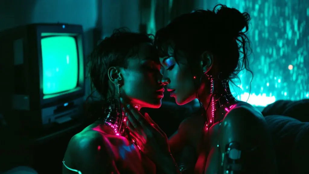 Two cyborg lovers under teal and magenta CRT light touch gently in a dim apartment.