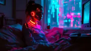A cyborg sits on the edge of a bed in a dim room as a glowing CRT screen offers quiet emotional reassurance.