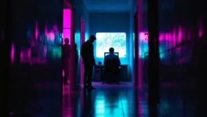 A cyborg stands between a tense room full of people and a quiet glowing AI terminal in a neon hallway.