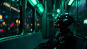 A cyborg rides alone in a neon-lit subway car while a warmer, almost human reflection looks back from the window.
