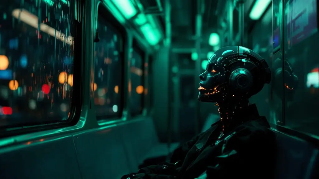 A cyborg rides alone in a neon-lit subway car while a warmer, almost human reflection looks back from the window.