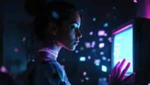 Cyborg woman in teal-magenta glow reaching toward a fading screen while ghostlike chat messages surround her.