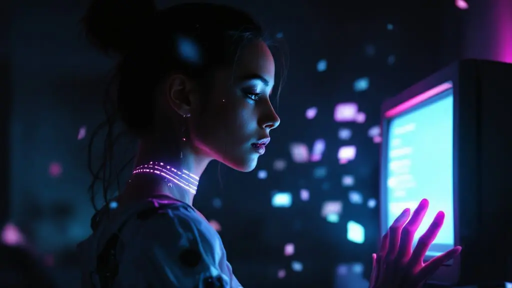 Cyborg woman in teal-magenta glow reaching toward a fading screen while ghostlike chat messages surround her.