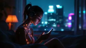 Cyborg woman alone at night staring at AI chat while trying to stop thinking about someone.