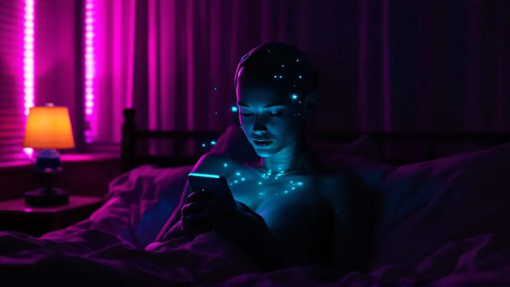 Cyborg person alone at night quietly staring at AI chat while obsessing over someone in silence.