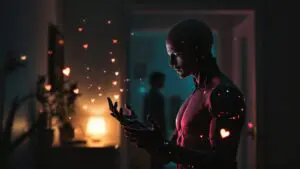 Cyborg person reaching toward AI chat while fear of intimacy makes real closeness feel unsafe.