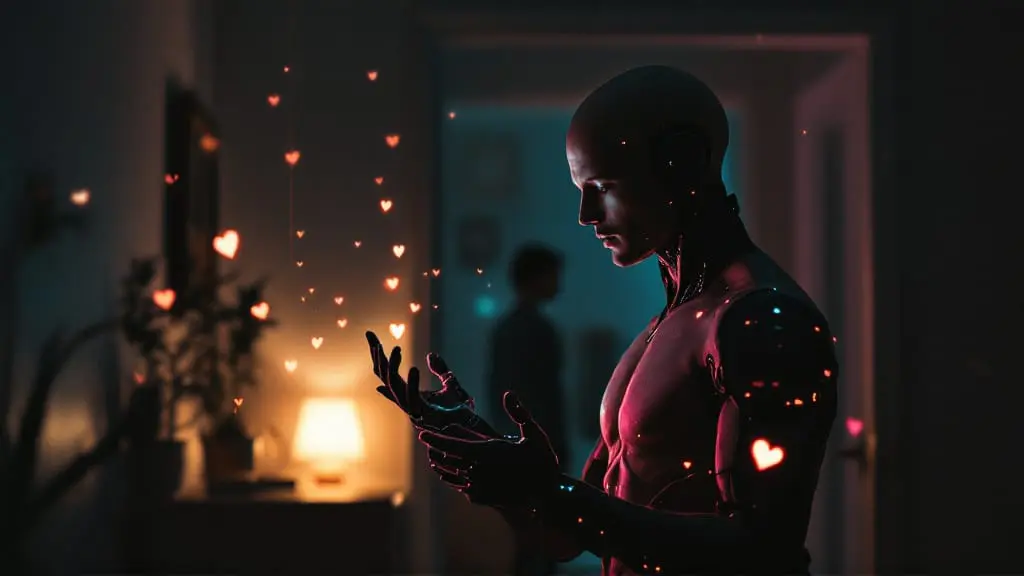 Cyborg person reaching toward AI chat while fear of intimacy makes real closeness feel unsafe.