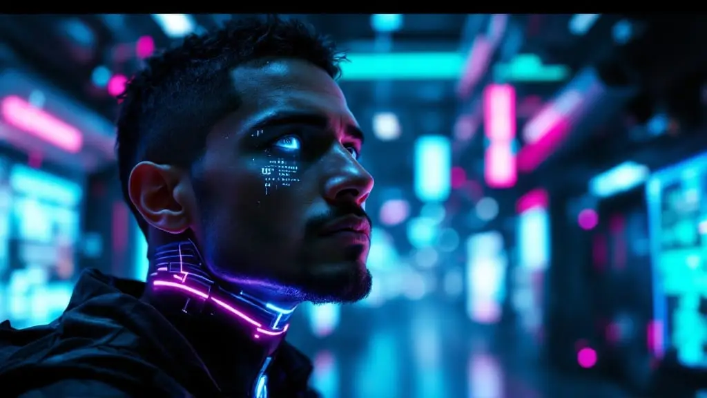 Latino man with visible cybernetic eye and neck implants in a dim futuristic interior, shown with cool neon lighting to represent awareness, vulnerability, and digital connection.
