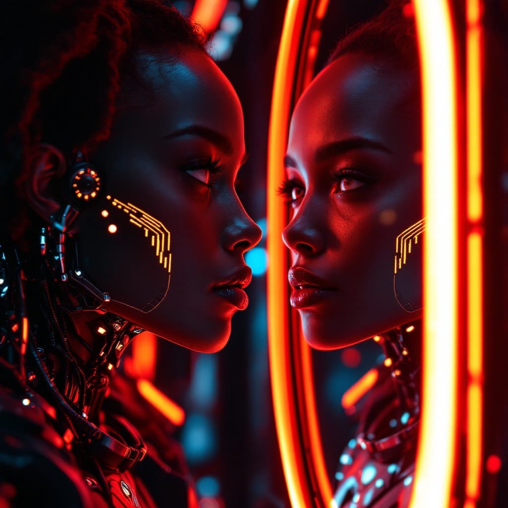 A woman with subtle cybernetic features looks into a softly glowing mirror, her reflection mirroring her expression in warm light.