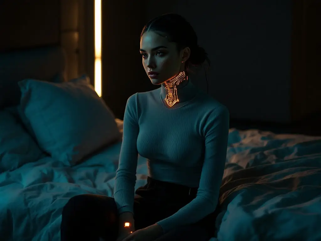 A futuristic adult with a visible cybernetic spinal implant, symbolizing how stress influences sexual desire and internal regulation.