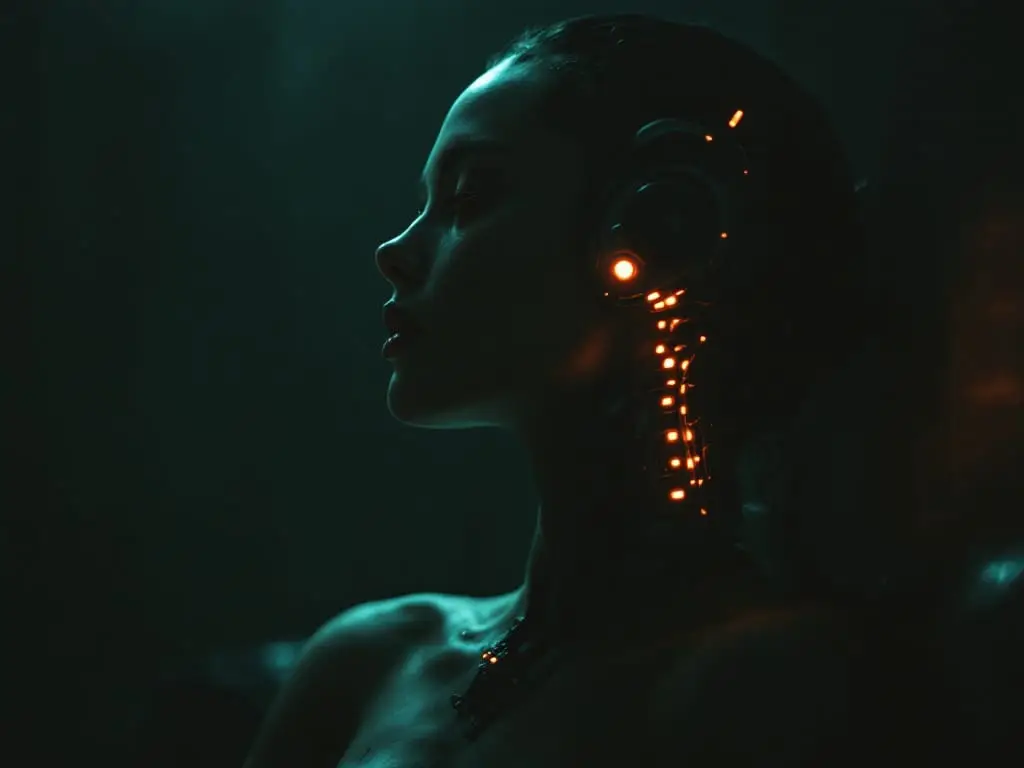A futuristic adult with a visible cybernetic spinal interface, representing sexual desire as an internal, context-sensitive motivation rather than a fixed level.
