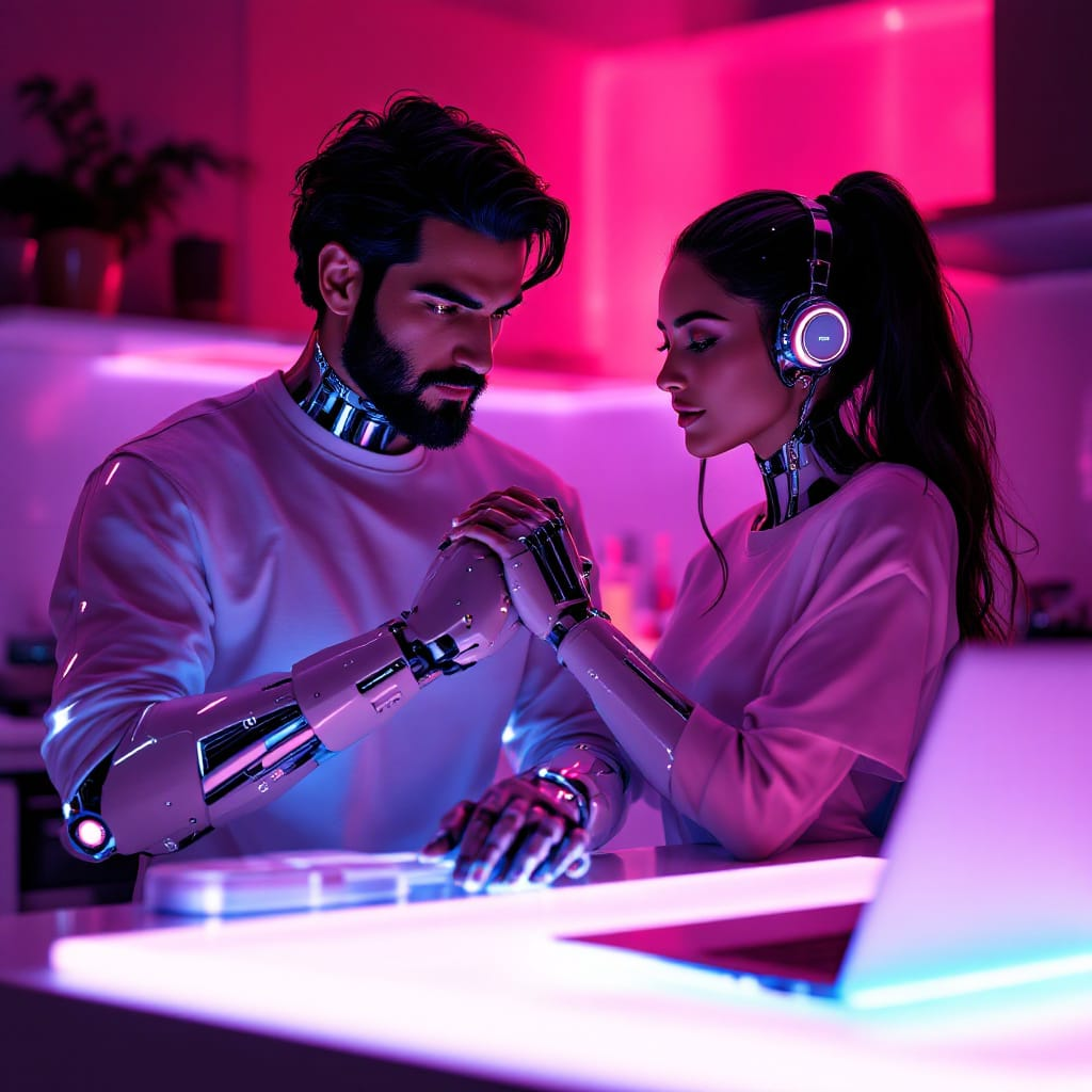 A person sitting upright on a bed in a softly lit bedroom, with a subtle cybernetic interface glowing at the collarbone and everyday health items on a nearby nightstand.