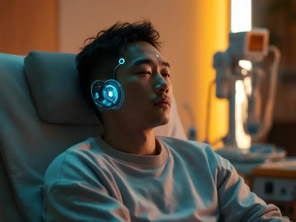 Futuristic adult wearing clothing with a visible cybernetic temple interface in a calm clinical setting, representing when professional support can help with stress-related low libido.