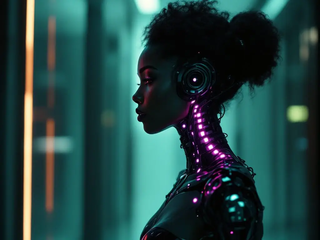 A futuristic adult with a visible cybernetic spinal interface, illustrating sexual desire as a context-sensitive internal system rather than a fixed level.