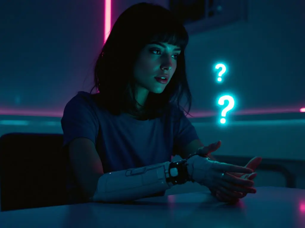 Futuristic adult wearing clothing with a visible cybernetic wrist interface projecting soft question symbols, representing common questions about stress and sexual desire.