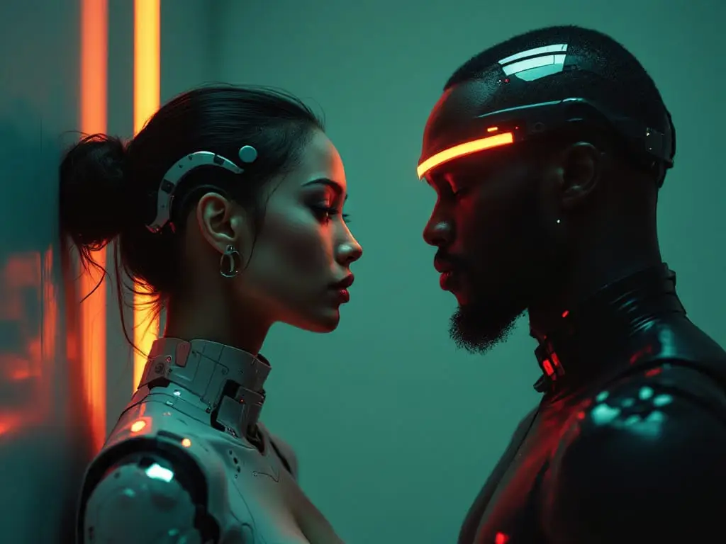 Two futuristic adults with visible cybernetic interfaces representing multiple overlapping causes of low libido in women and men.