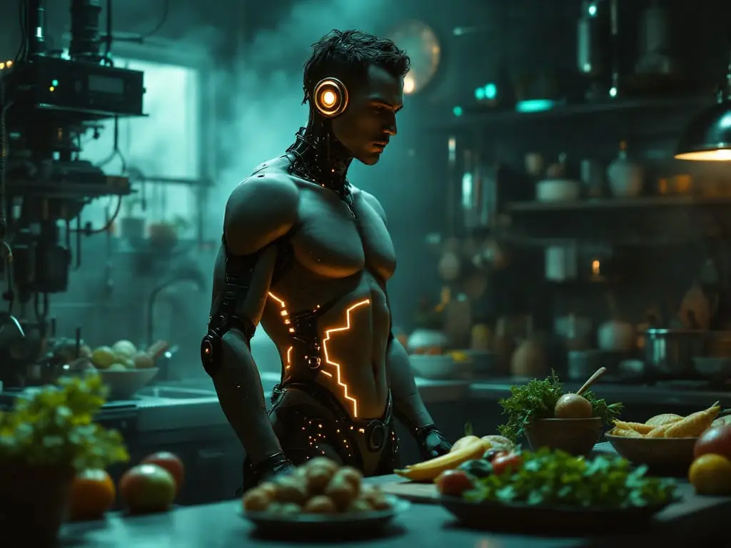 A futuristic adult with a visible cybernetic abdominal interface in a kitchen setting, representing how nutrition supports libido through overall health.