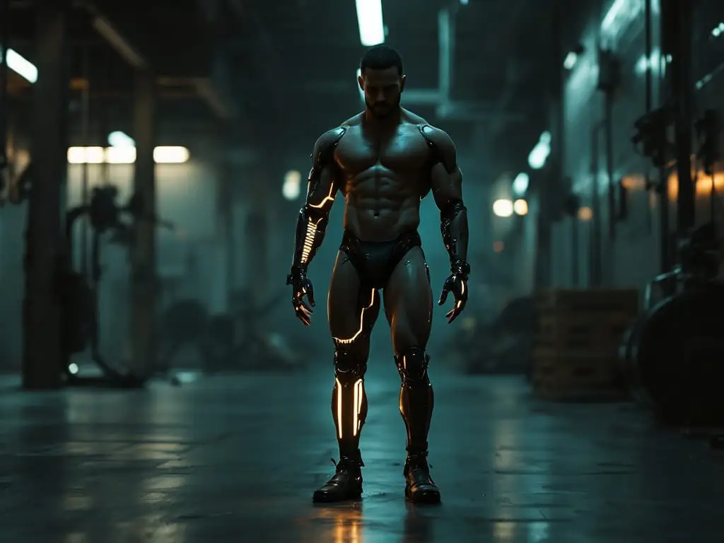 A futuristic adult with a visible cybernetic leg interface pausing during exercise, representing how physical activity supports libido through circulation and energy.