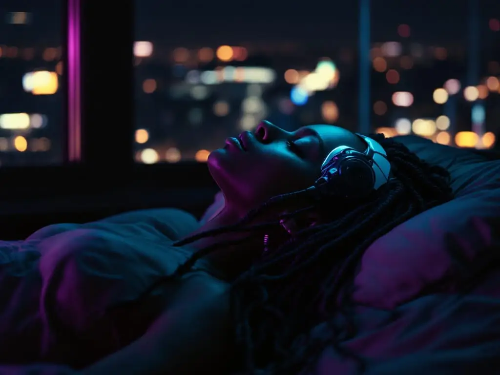 A futuristic adult resting with a visible cybernetic cranial interface, illustrating how sleep and recovery support sexual energy and desire.