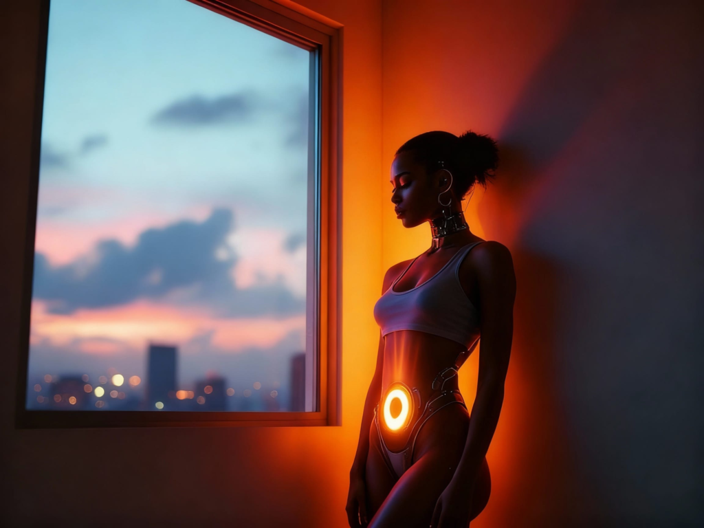 A futuristic woman with a visible cybernetic pelvic interface, representing how comfort, hormones, and emotional safety influence female libido.