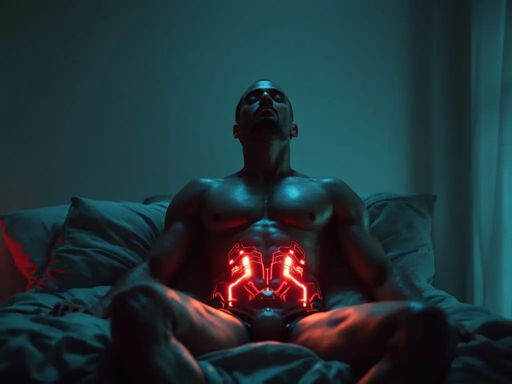 A futuristic man with a visible cybernetic abdominal–pelvic interface, representing how hormones, stress, and recovery influence male libido.
