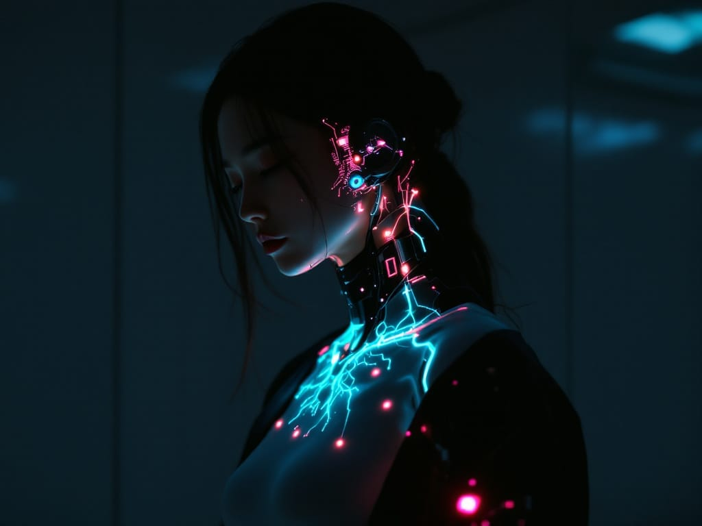 Futuristic adult wearing clothing with a glowing cybernetic forearm and holographic nervous-system overlays, representing how stress affects sexual desire.