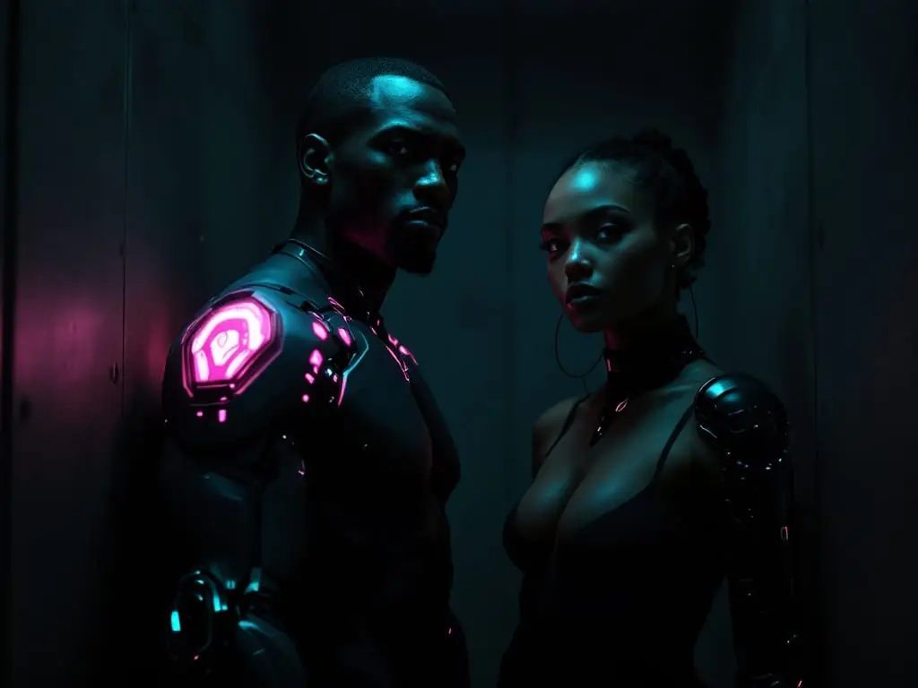 Two futuristic adults with visible cybernetic body parts standing together, illustrating how biological factors influence sexual desire across genders without hierarchy.