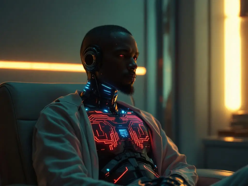 A futuristic adult with a visible cybernetic chest interface in a calm clinical setting, representing when professional support may help address low libido.