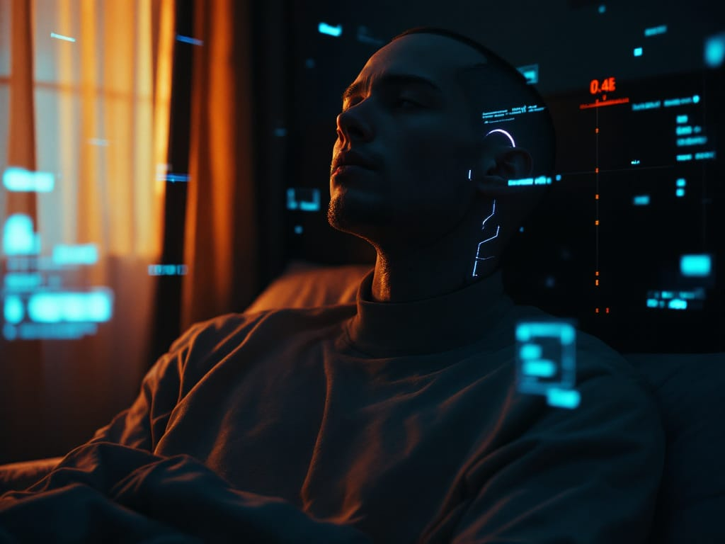 Futuristic adult wearing clothing with a visible cybernetic neck implant and holographic cognitive overlays, representing how mental overload affects sexual desire.