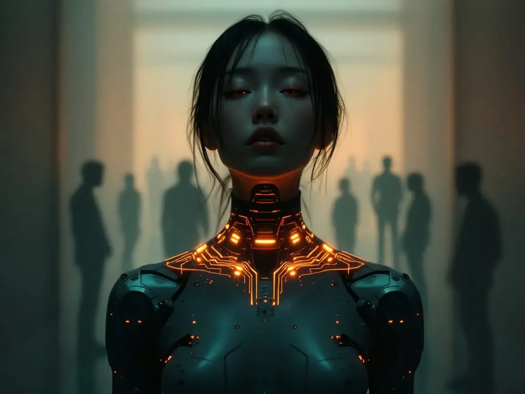 A futuristic adult with a visible cybernetic collarbone interface, symbolizing how sexual desire evolves across age and life stages.